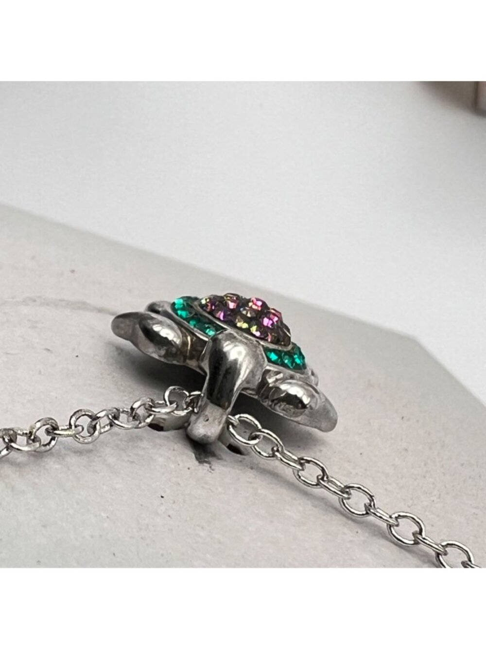 NOS Turtle Pendant Necklace Green Multicolor Crystals Silver-Tone 18" Chain Gift - Picture 5 of 9